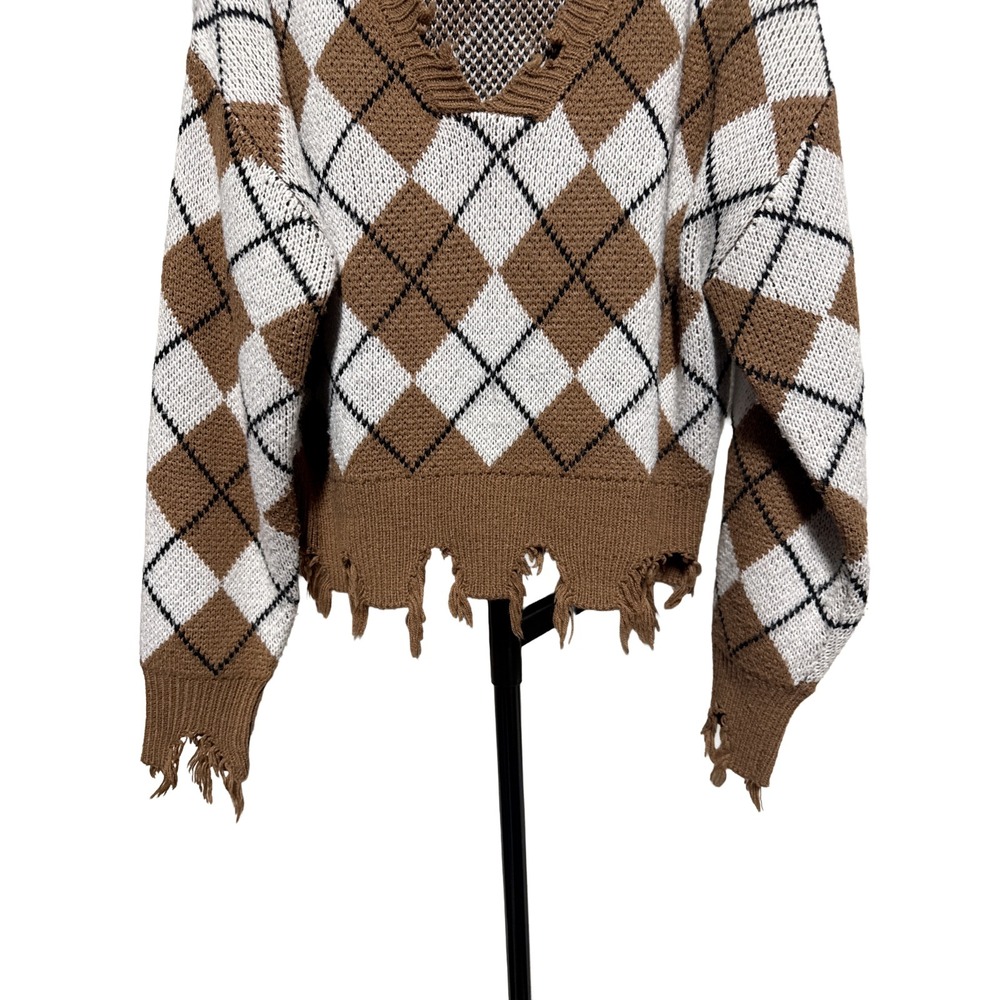 Forever 21 Dark Academia Soft‎ Grunge Brown Argyle Distressed Knit Sweater Small - Picture 5 of 6